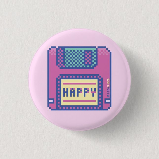 Happy Pink Blue Pixel Art 90s Diskette Button (Vorderseite)