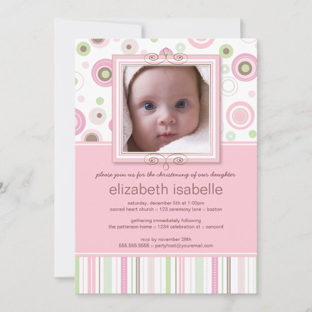 Happy Pink Dots Baby Foto Einladung feiern (Vorderseite)