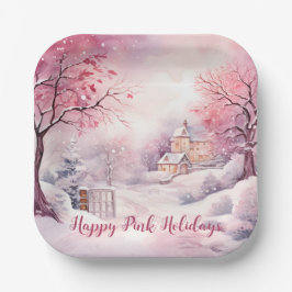 Happy Pink Holidays Weihnachtsschnee Szene Pappteller