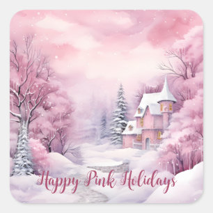 Happy Pink Holidays Weihnachtsschnee Szene Quadratischer Aufkleber
