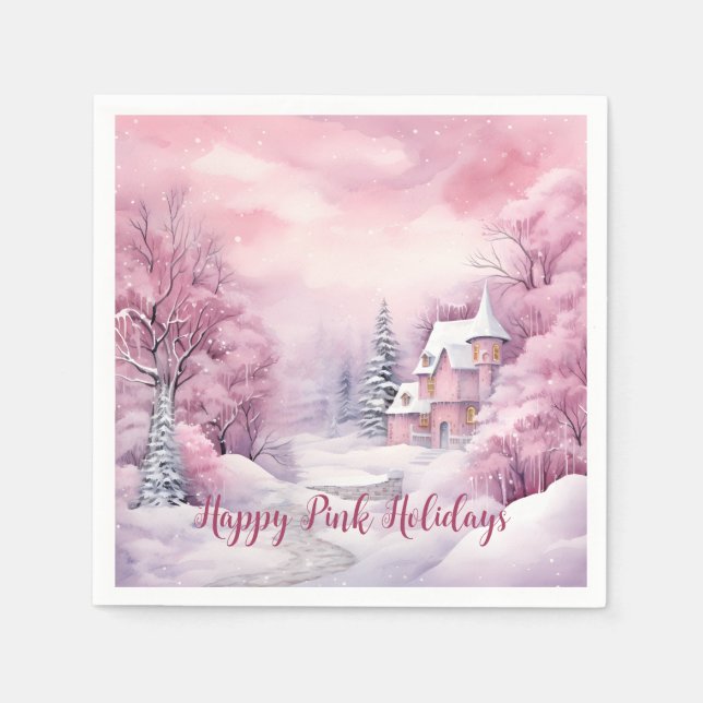 Happy Pink Holidays Weihnachtsschnee Szene Serviette (Vorderseite)