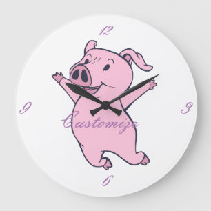 Happy Pink Pig Jumping Thunder_Cove Große Wanduhr