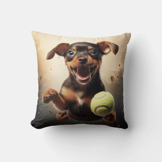 🐕 Happy Pinscher Pup mit Tennisball Kissen (Vorderseite)