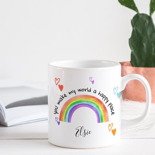 Happy Place Rainbow und farbenfrohe Herzen Kaffeetasse (Happy Place rainbow mug - ideal teacher gift, appreciation gift ..)