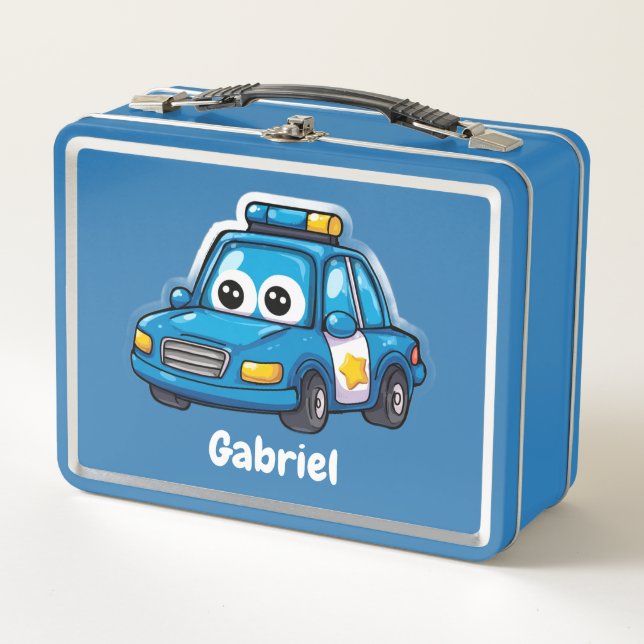 Happy Police Car, Boys, Personalized Blue  Metall Brotdose (Vorderseite)