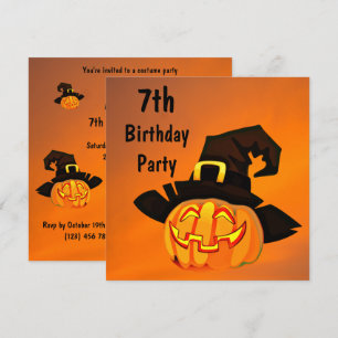 Happy Pumpkin In Witches Hat 7th Birthday Einladung