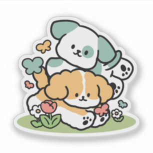 Happy Puppies Rolling in May - Kawaii Hund Kunst Aufkleber