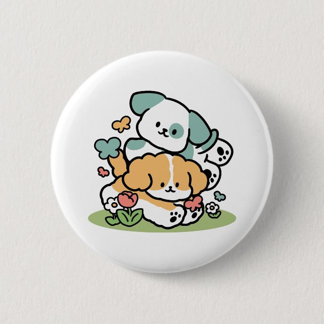 Happy Puppies Rolling in May - Kawaii Hund Kunst Button (Vorderseite)