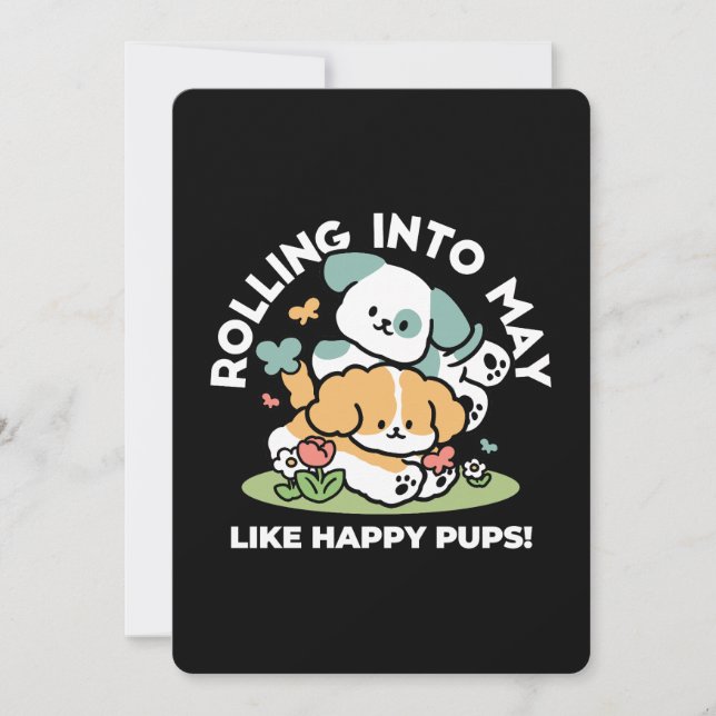 Happy Puppies Rolling in May - Kawaii Hund Kunst Dankeskarte (Vorderseite)