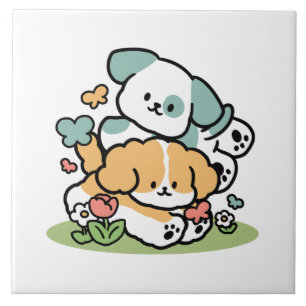 Happy Puppies Rolling in May - Kawaii Hund Kunst Fliese