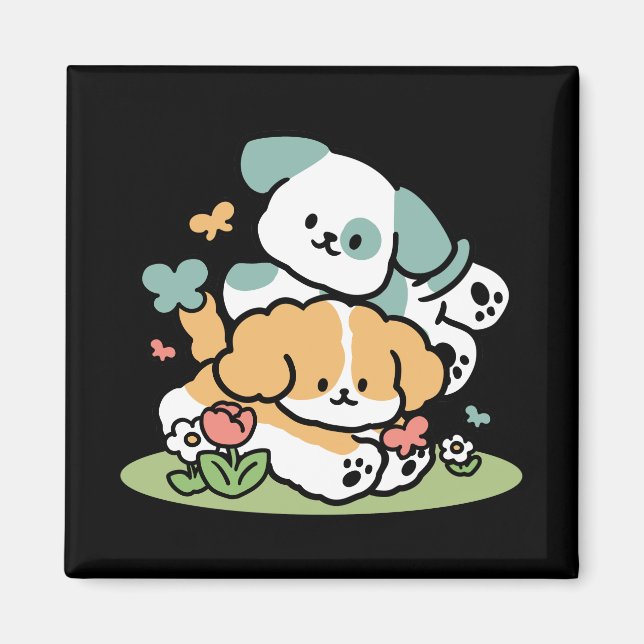 Happy Puppies Rolling in May - Kawaii Hund Kunst Magnet (Vorne)