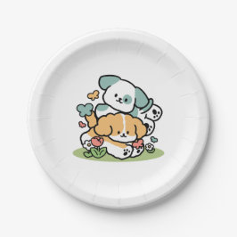 Happy Puppies Rolling in May - Kawaii Hund Kunst Pappteller