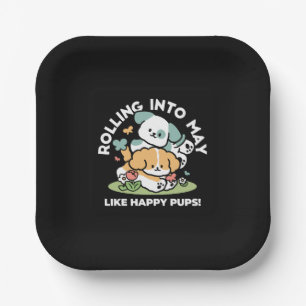 Happy Puppies Rolling in May - Kawaii Hund Kunst Pappteller