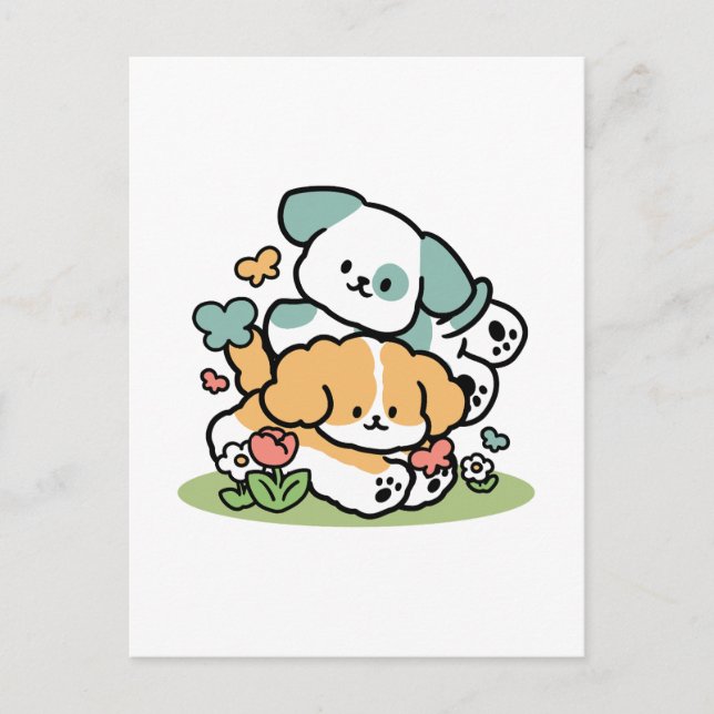 Happy Puppies Rolling in May - Kawaii Hund Kunst Postkarte (Vorderseite)