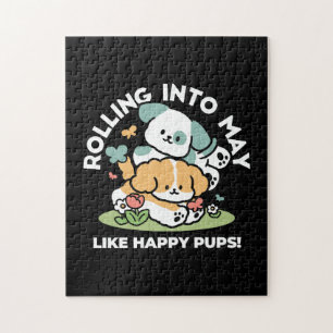 Happy Puppies Rolling in May - Kawaii Hund Kunst Puzzle