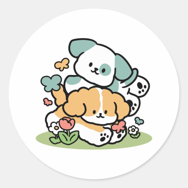 Happy Puppies Rolling in May - Kawaii Hund Kunst Runder Aufkleber (Vorderseite)