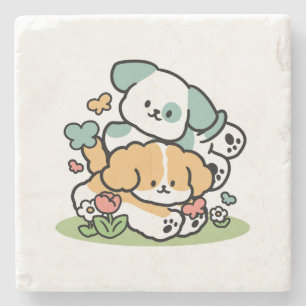 Happy Puppies Rolling in May - Kawaii Hund Kunst Steinuntersetzer