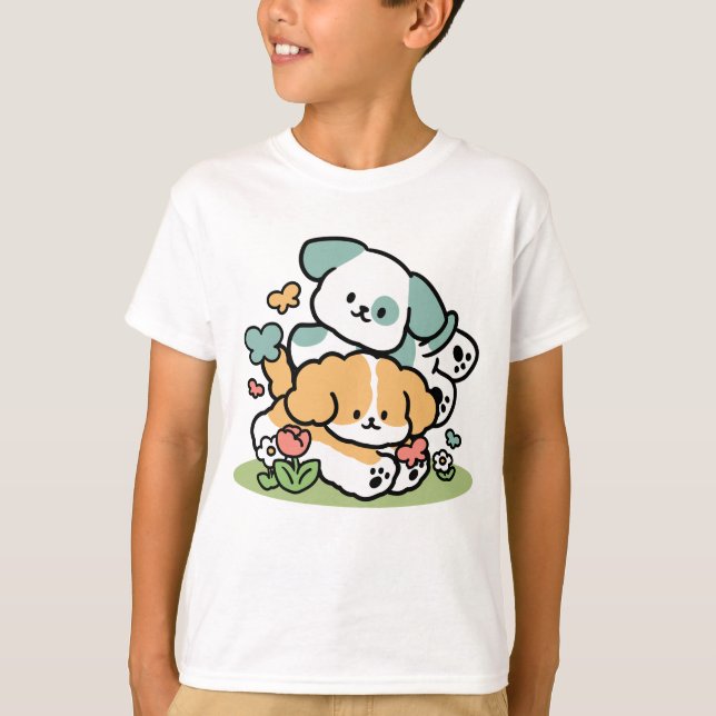 Happy Puppies Rolling in May - Kawaii Hund Kunst T-Shirt (Vorderseite)