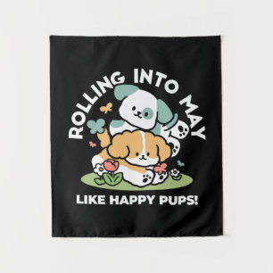Happy Puppies Rolling in May - Kawaii Hund Kunst Wandteppich