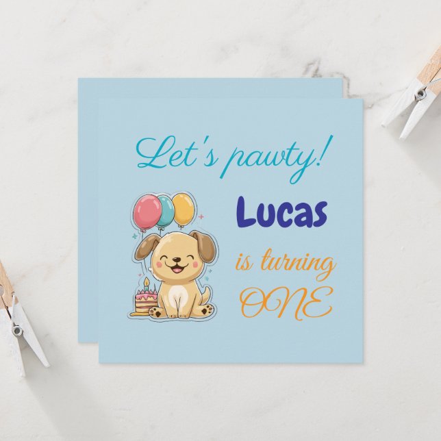 Happy Puppy, Boy, Let's Pawty, 1st Birthday Card Einladung (Vorderseite/Rückseite Beispiel)