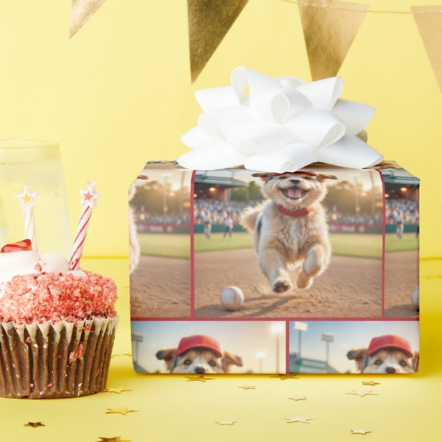Happy Puppy läuft auf einem Baseballfeld Geschenkpapier (Geburtstagsparty)
