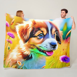 Happy Puppy Meadow Design Fleecedecke