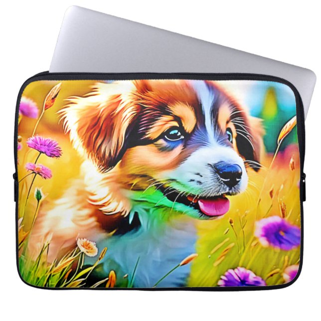 Happy Puppy Meadow Design Laptopschutzhülle (Vorderseite)