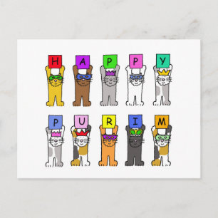 Happy Purim Cartoon Katzen in Masken und Hasen Postkarte