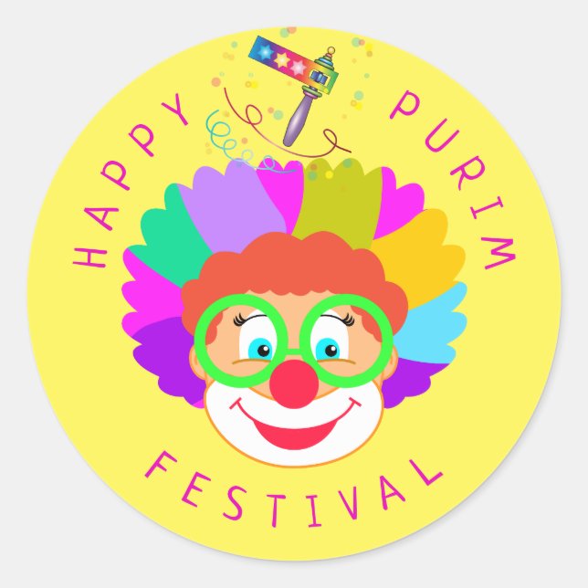 Happy Purim Festival Funny Clown Kinder Party Runder Aufkleber (Vorderseite)
