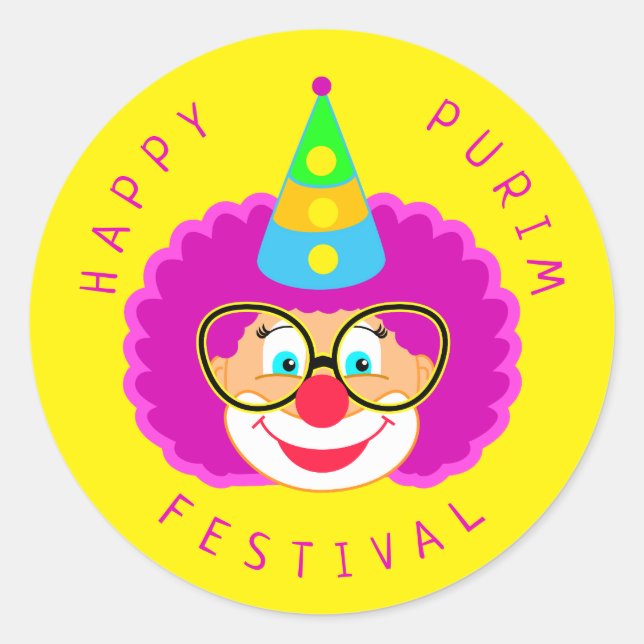 Happy Purim Festival Funny Clown Kinder Party Runder Aufkleber (Vorderseite)