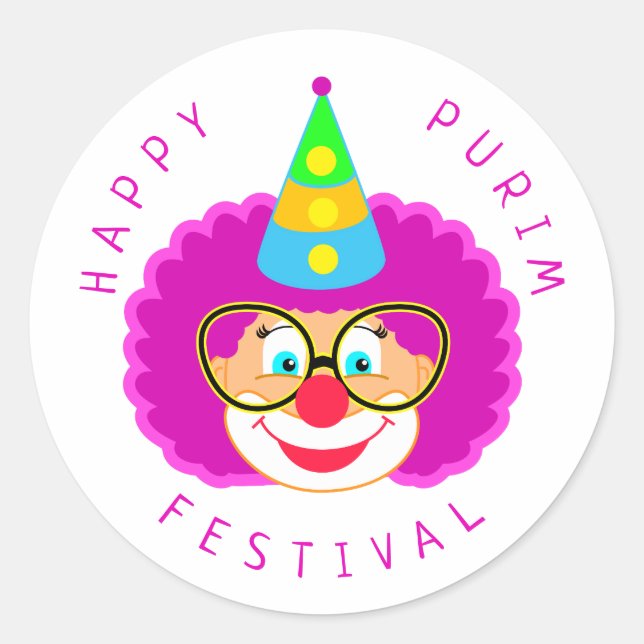 Happy Purim Festival Funny Clown Kinder Party Runder Aufkleber (Vorderseite)