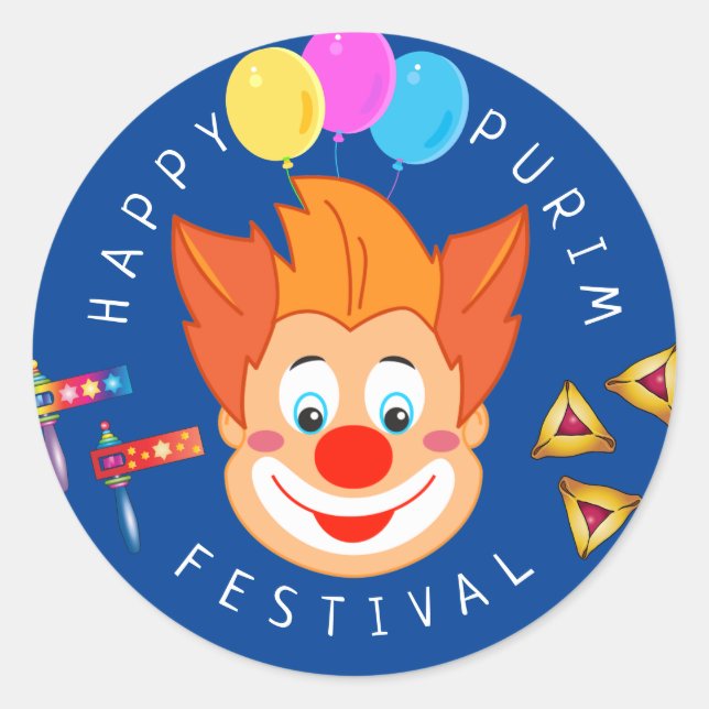 Happy Purim Festival Funny Clown Kinder Party Runder Aufkleber (Vorderseite)