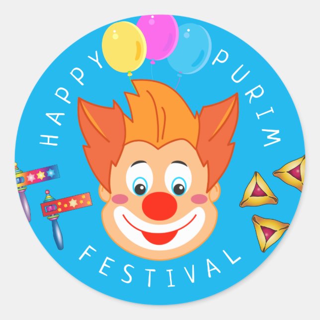 Happy Purim Festival Funny Clown Kinder Party Runder Aufkleber (Vorderseite)