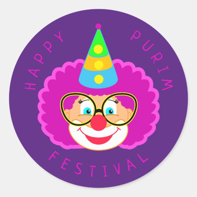 Happy Purim Festival Funny Clown Kinder Party Runder Aufkleber (Vorderseite)