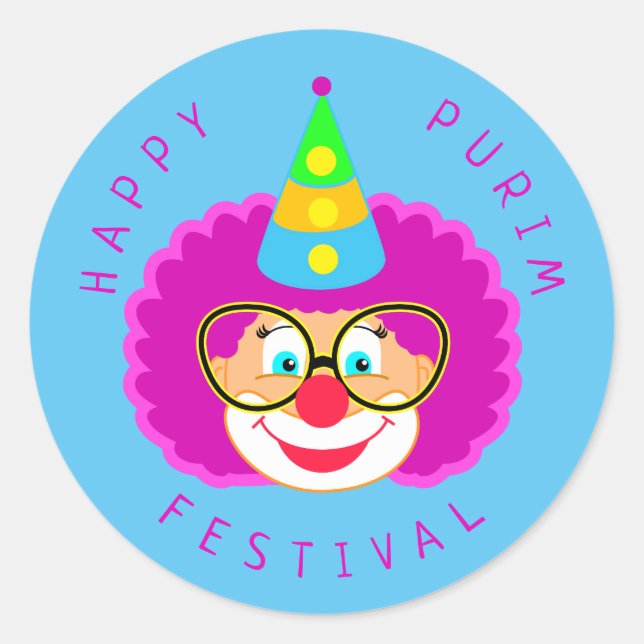 Happy Purim Festival Funny Clown Kinder Party Runder Aufkleber (Vorderseite)