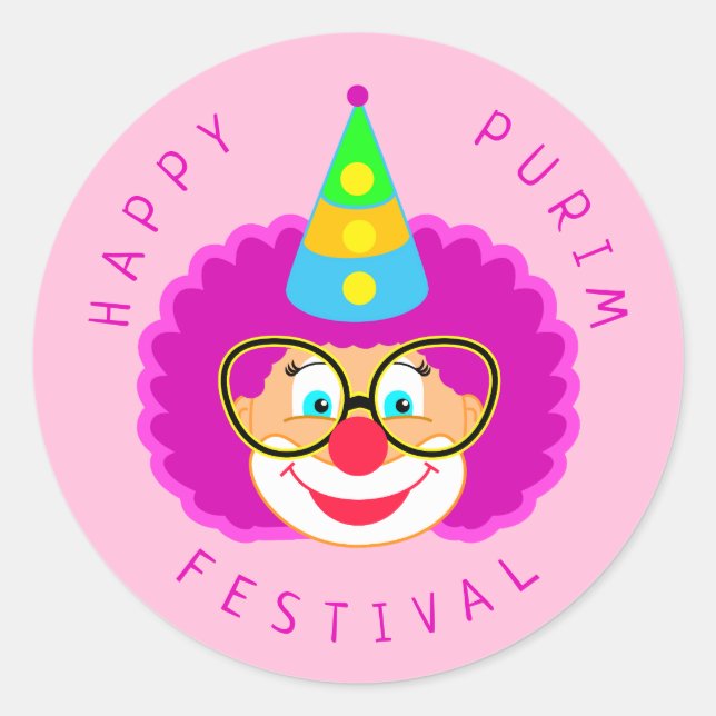 Happy Purim Festival Funny Clown Kinder Party Runder Aufkleber (Vorderseite)