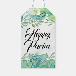Happy Purim Gift Tag Watercolor Green Gold Geschenkanhänger