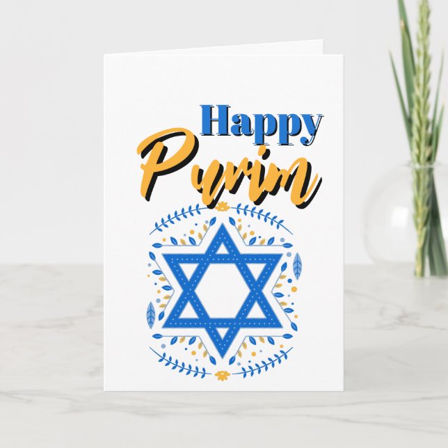 Happy Purim Greeting Card - White Blue Yellow Star Karte (Vorderseite)