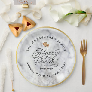 Happy Purim Marble & Gold Script Classic Round Sti Pappteller