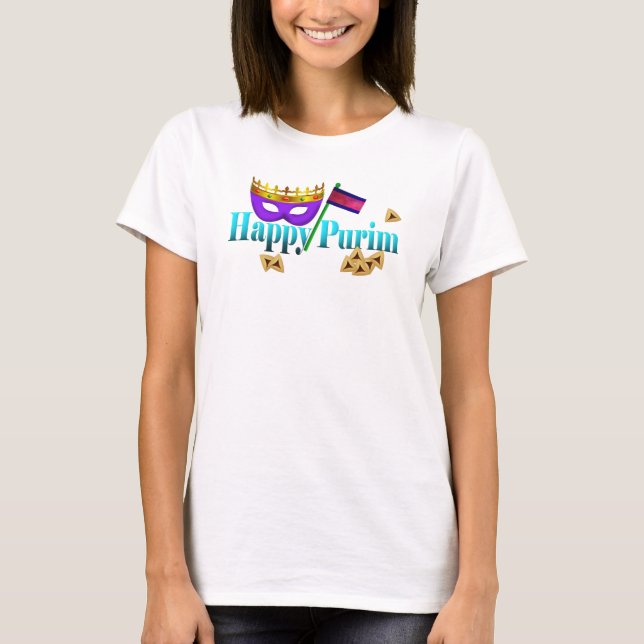 Happy Purim mit Mask, Gragger und Hamentaschen T-Shirt (Vorderseite)