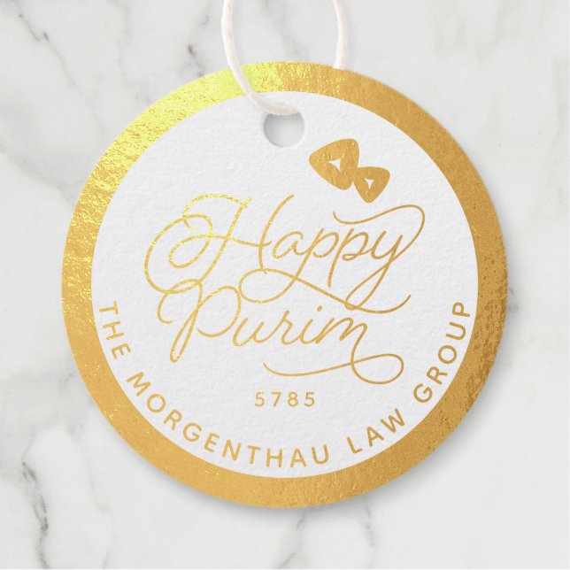 Happy Purim REAL Gold Foil Script Geschenkanhänger (Vorderseite)