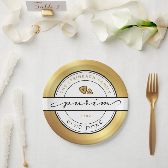 HAPPY PURIM Script Personalisiert Plate mit Gold Pappteller (Hochzeit)