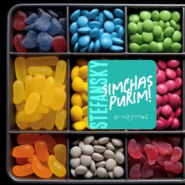 Happy Purim Trendy Mishloach Manot Label Aquamarin Quadratischer Aufkleber (Von Creator hochgeladen)