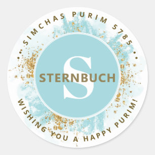 Happy Purim Watercolor Glitzer Blue Monogram Runder Aufkleber