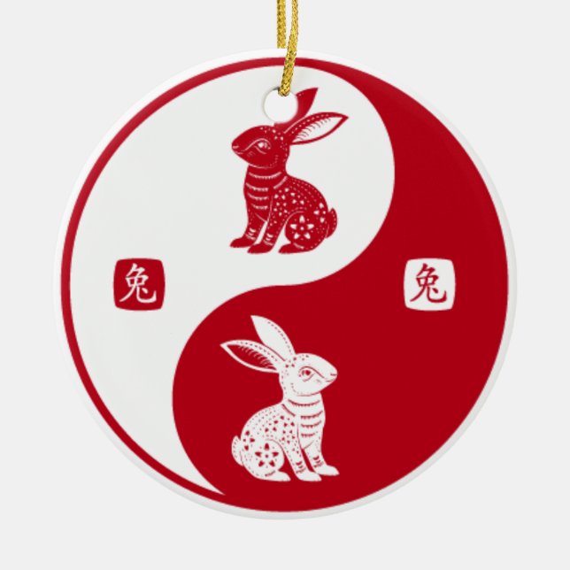Happy Rabbit Chinesisch Neujahr 2023 Yin Yang Taic Keramik Ornament (Vorne)