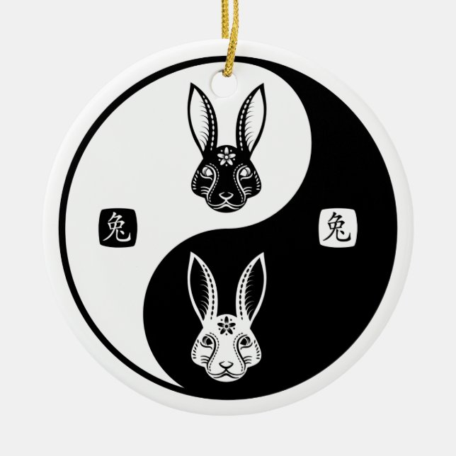 Happy Rabbit Chinesisch Neujahr 2023 Yin Yang Taic Keramik Ornament (Vorne)