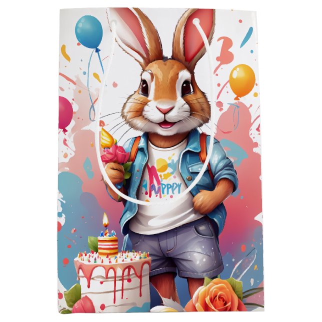 Happy Rabbit mit Cake | Geschenktasche Mittlere Geschenktüte (Vorderseite)