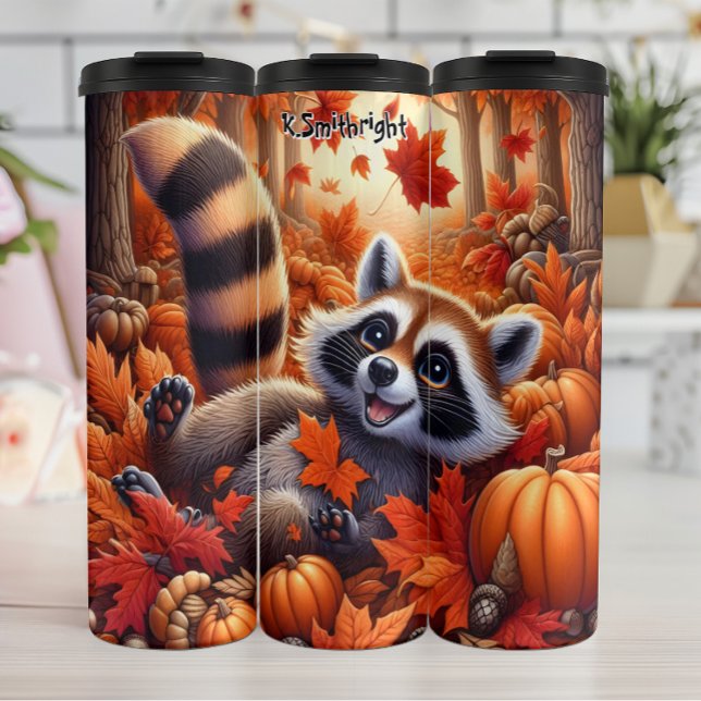 Happy Raccoon im Herbst Blätter und Pumpkins Thermosbecher (Von Creator hochgeladen)