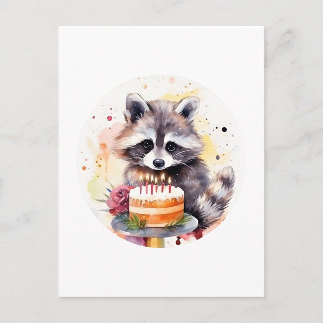 Happy Raccoon mit Geburtstagskuchen Postkarte (Vorderseite)