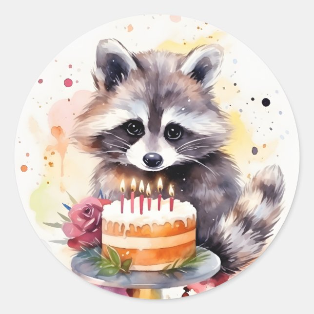 Happy Raccoon mit Geburtstagskuchen Runder Aufkleber (Vorderseite)